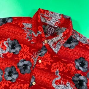 Extreme Gear Mens Red‎ Dragon Hibiscus Print Button Up Shirt X Large